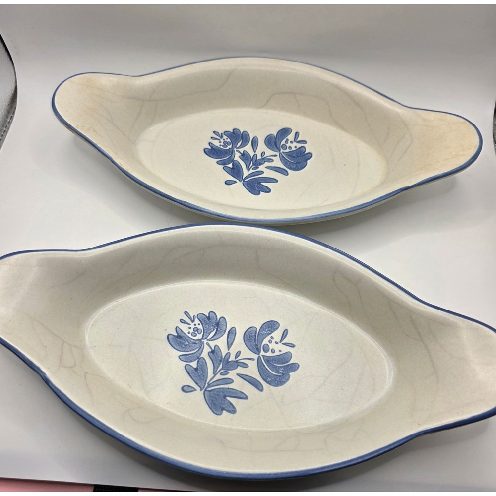 Vintage Pfaltzgraff Yorktowne Blue Floral Lrg Oval Au Gratin Bakers Set of 2